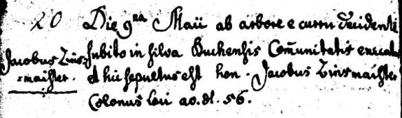 Death of Jakob Zinsmeister from the Catholic Church records of Puch, Pfaffenhofen, Bayern, Germany.