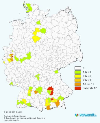 Distribution of the BERGMEISTER surname in Germany.