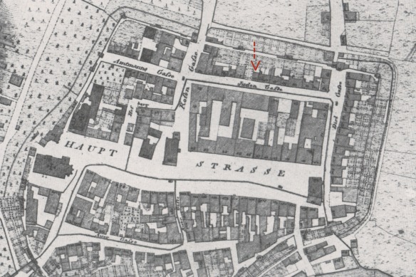 Portion of an 1810 map of Pfaffenhofen an der Ilm - the house of Ignaz Echerer is marked with the red arrow